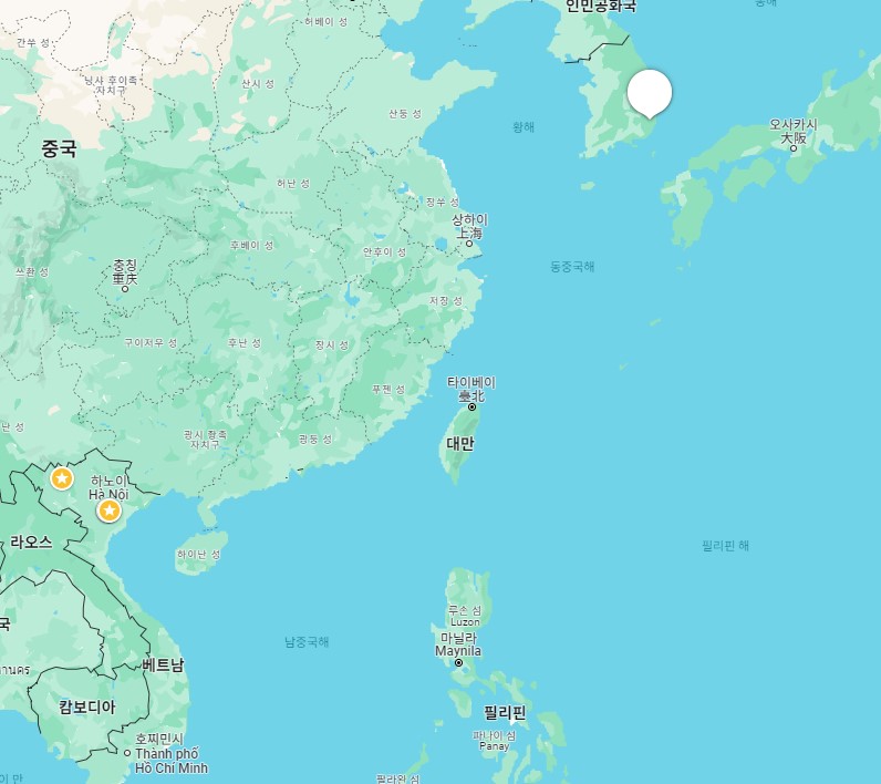 출처: 구글 지도, 대만이 표시되어 있는 세계 지도