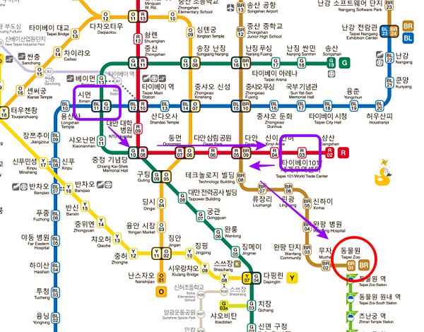 시먼역과 타이베이101역, 동물원역을 표시한 대만 타이베이 노선도