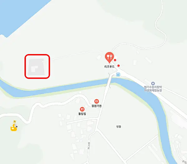 양산 법기수원지 근처 식당가 중 리즈푸드 식당이 표시된 지도