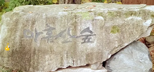 아홉산숲 이름이 음각으로 새겨져 있는 커다란 바위 사진