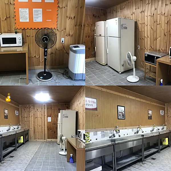 청도 그린나래 캠핑장의 공용 시설인 전자렌지, 냉장고, 개수대가 있는 4컷 사진