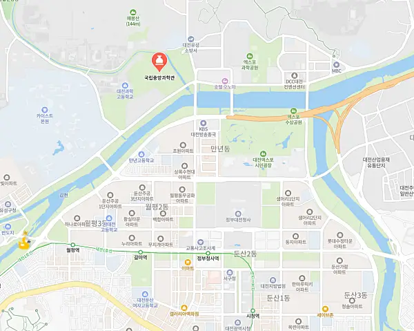 대전 유성구의 국립중앙과학관 위치가 표시된 지도