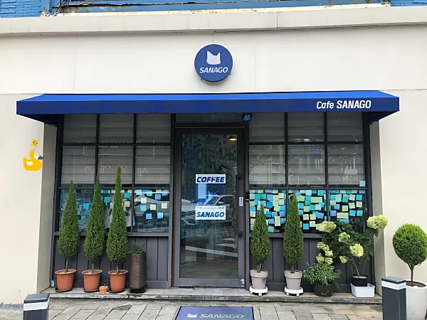 대전 카페 사나고의 파란 어닝이 돋보이는 외관