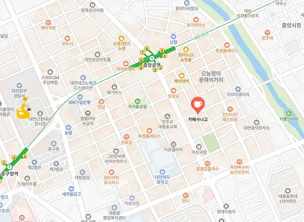 대전 중앙로역 근처 카페 사나고 위치가 표시되어 있는 지도
