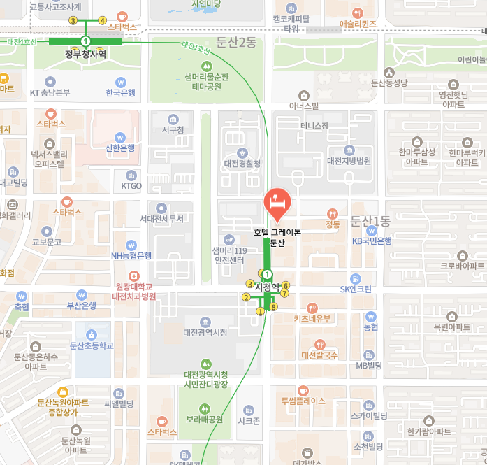 대전 둔산 그레이톤 호텔 위치가 표시된 지도