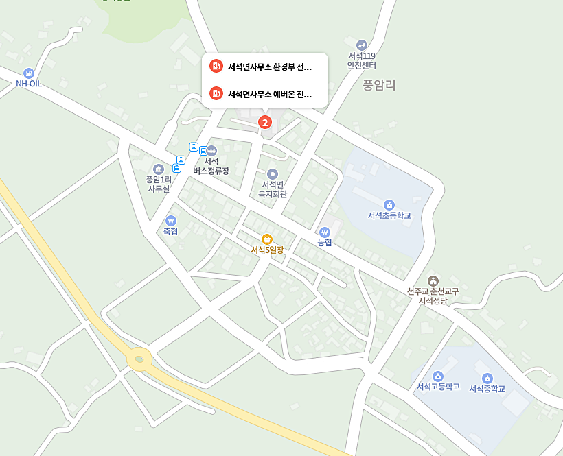 홍천 서석면 이모네식당 근처에 있는 전기차 충전시설이 표시된 지도