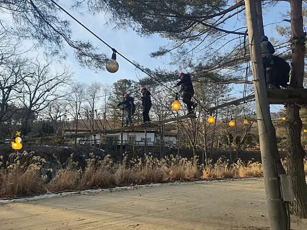 홍천 모둘자리 어드벤처로 보호장구를 착용하고 흔들다리를 건너는 사람들