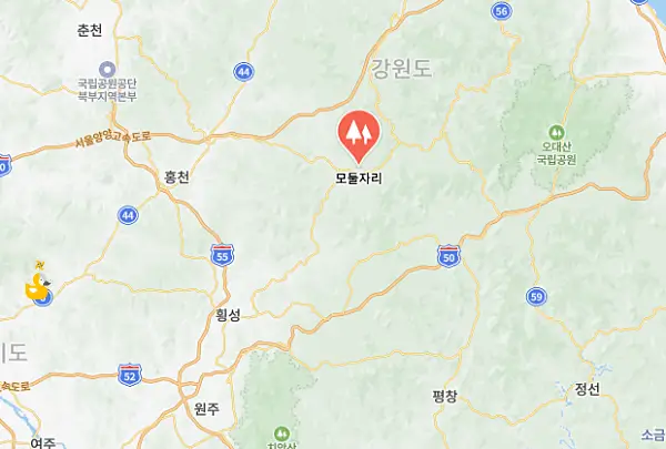 홍천 모둘자리 위치가 표시되어 있는 지도