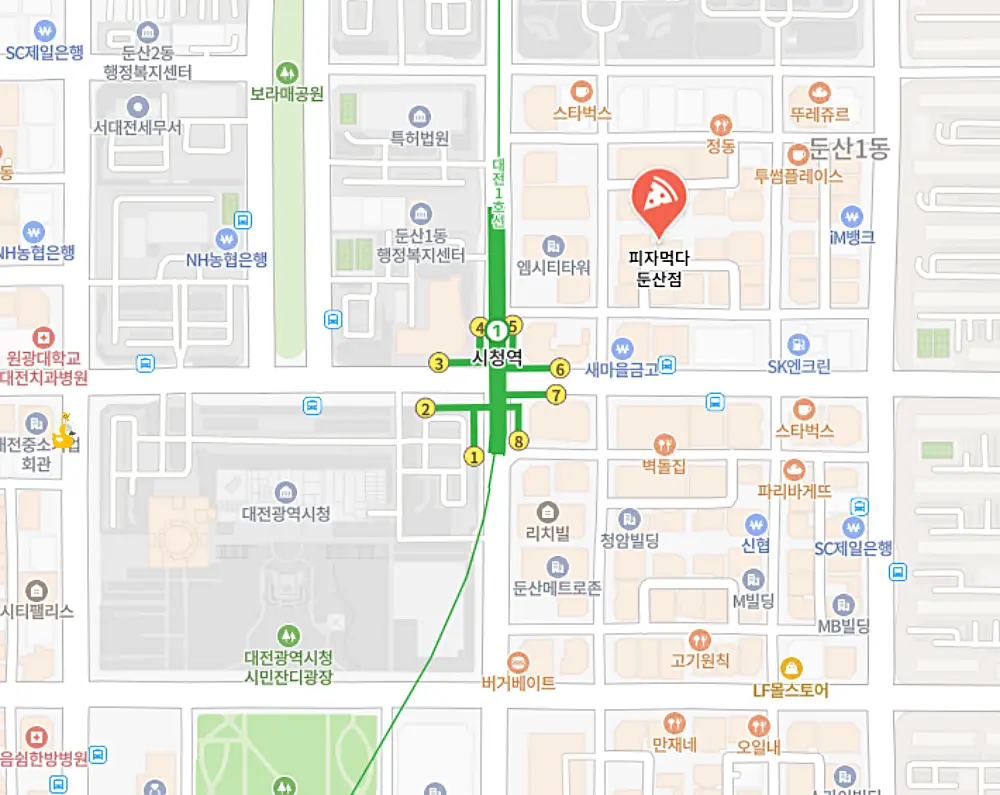 대전 둔산동 피자먹다 위치가 표시된 지도