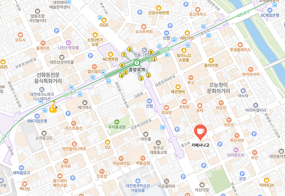 사나고 카페 위치가 표시되어 있는 지도