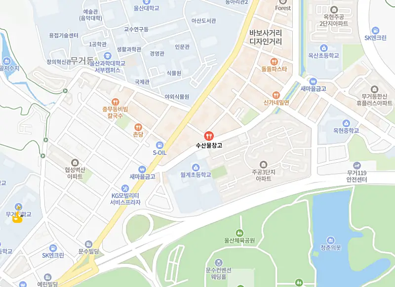 울산 무거동 맛집인 수산물창고 위치가 표시되어 있는 지도