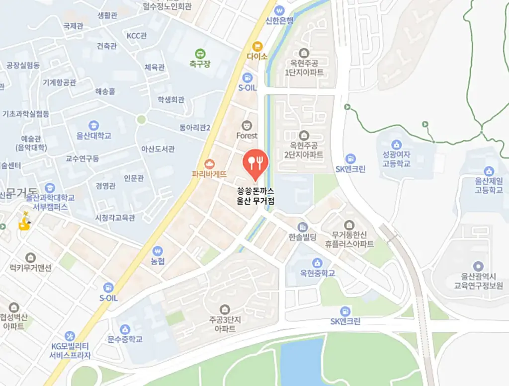 쑝쑝돈까스 울산대점 위치가 표시되어 있는 지도