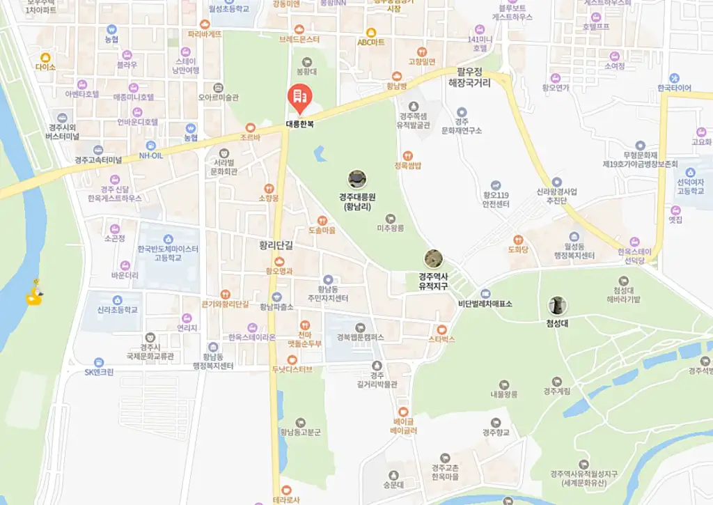 경주 신라복 대여점인 대릉한복 위치가 표시된 지도