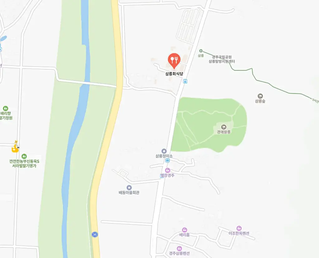 경애왕릉 근처, 경주 삼릉 회식당의 위치가 표시되어 있는 지도
